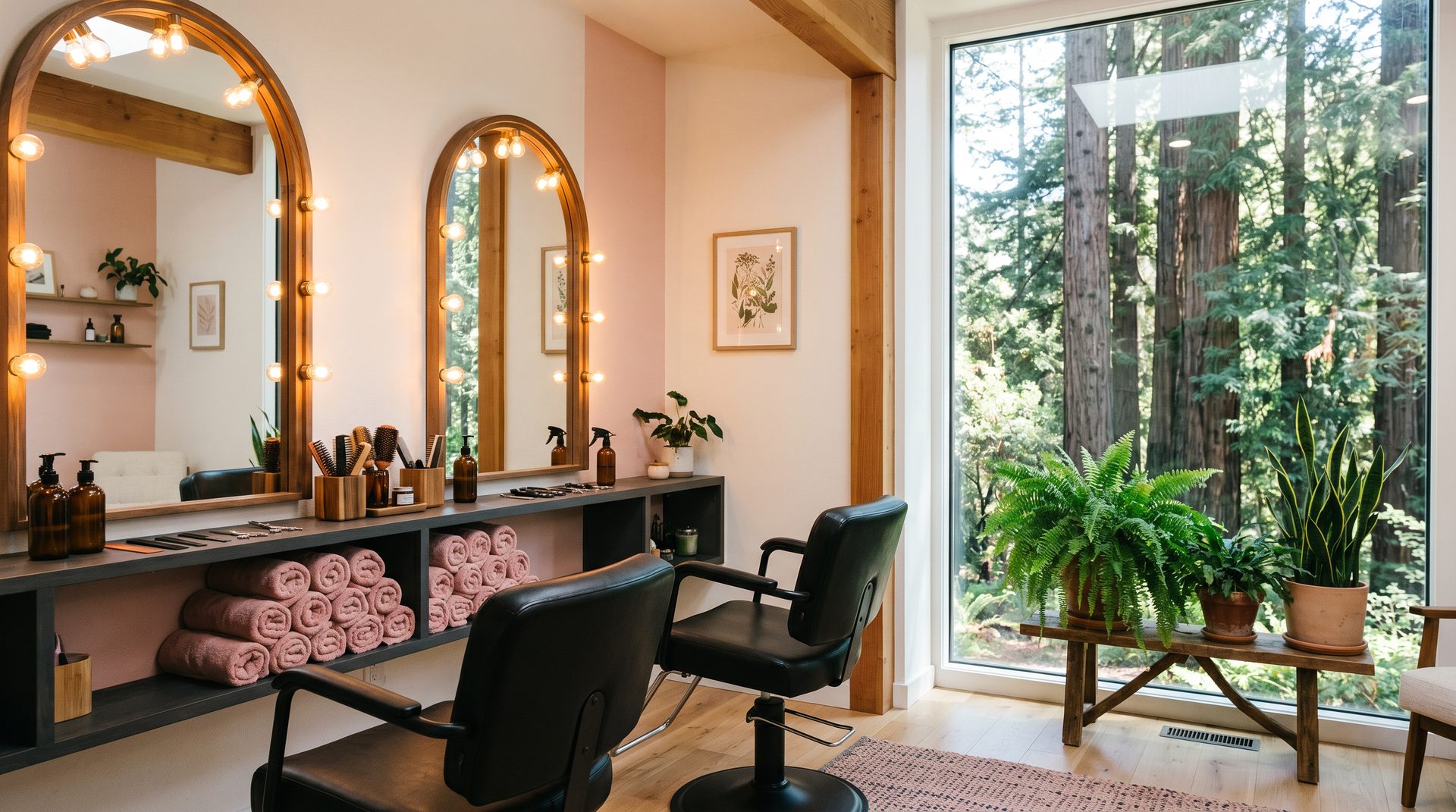 Bright, welcoming interior of Lee's Salon in Felton with styling chairs and blush accents