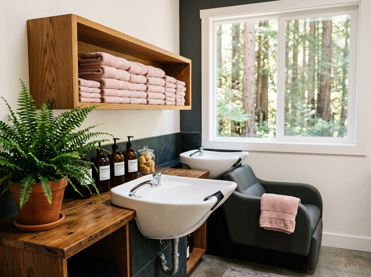 Wash station with blush towels and salon products at Lee's Salon